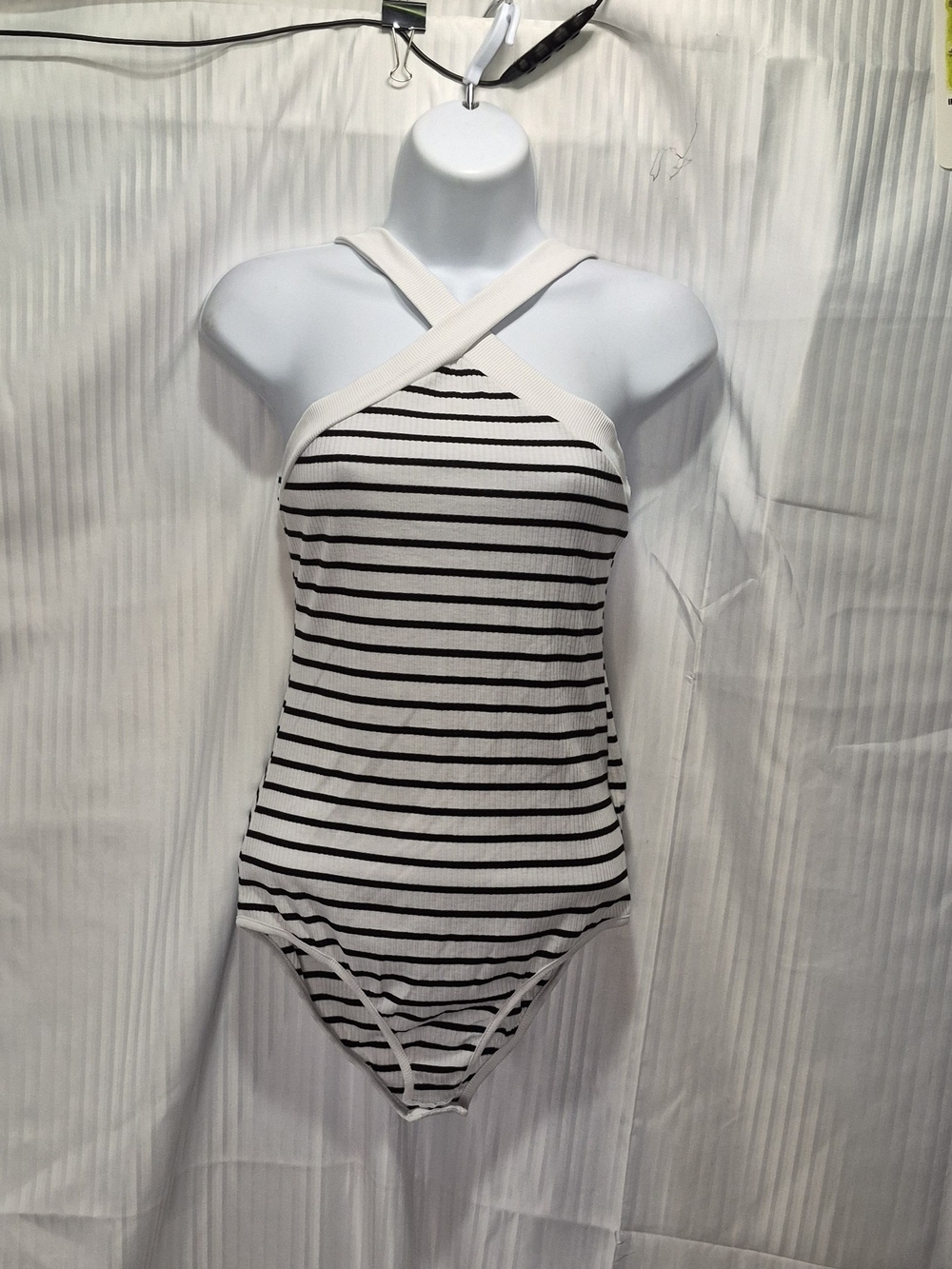 Striped Cross-Back Sleeveless Bodysuit - Black & White Size Small
